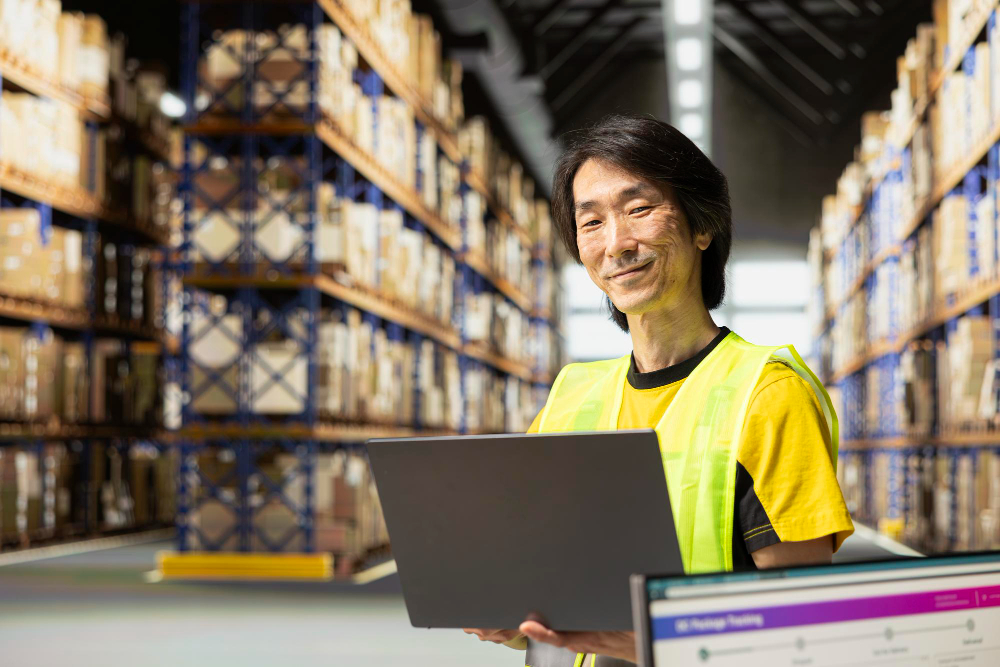 Warehouse worker accepting new stock with a laptop