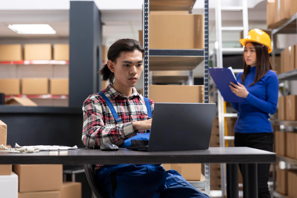 Two warehouse staff running a cycle count, one on a laptop and one with a clipboard